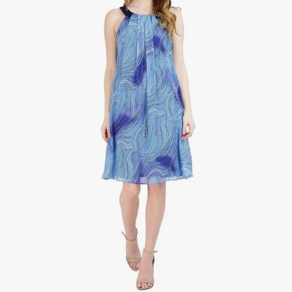 Signature By Robbie Bee Womens Petites PM Blue Pleated Mini Shift Dress NWT - Picture 1 of 12